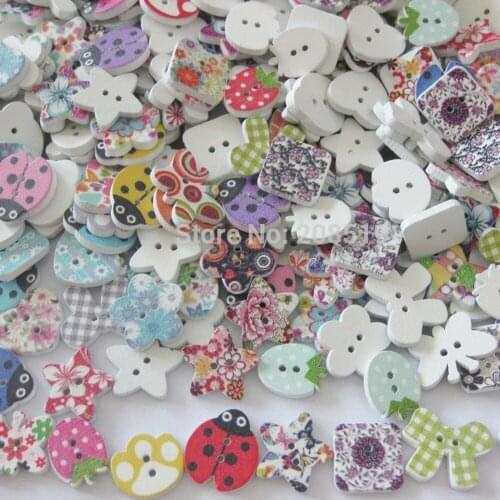 WBNVAL 25pcs Mix shapes assorted DIY scrapbooking flatback buttons wooden printed sewing accessories kids learning
