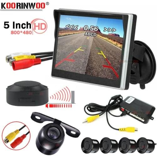 Koorinwoo Dual CPU Core Wireless Parking Sensor Radar Detector Sound System HD 5" Windshield Monitor Mirror Image Reverse Camera
