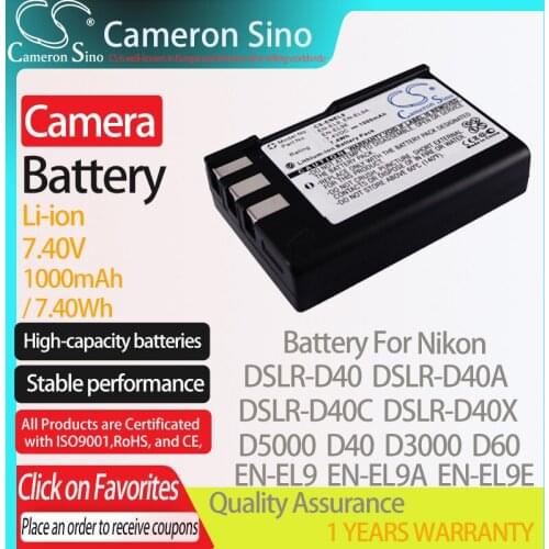 CameronSino Battery for NIKON DSLR-D40 DSLR-D40A DSLR-D40C DSLR-D40X D5000 D40 D3000 fits NIKON EN-EL9 Digital camera Batteries