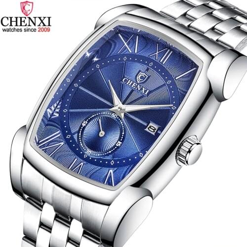 CHENXI Men Rectangle Watches Blue Silver Stainless Steel Businessl Mens Watch Stop Watch Waterproof Retro Antique Clock for Men