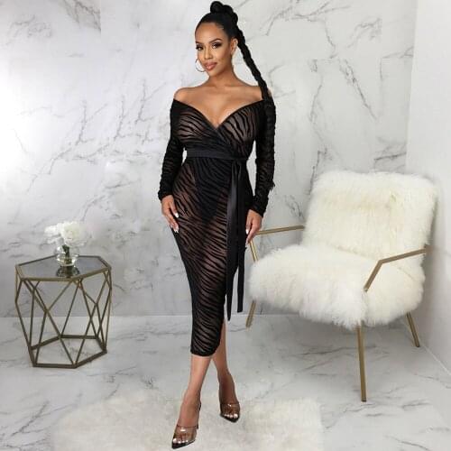 Black Sheer Mesh Patchwork See Through Sheath Dress Women Deep V Neck Full Sleeve Pencil Dress Elegant Back Split Robe Femme