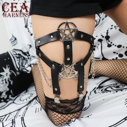 CEA 2021 Fashion Trend Handmade PU Leather Harness New Style Woman Gothic Leather Harness BDSM Lingerie Faux Leather Stockings
