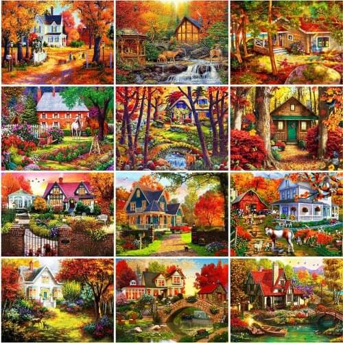 HUACAN Diamond Painting House Full Square Diamond Embroidery Landscape Picture Of Rhinestone Cross Stitch Autumn Decoration