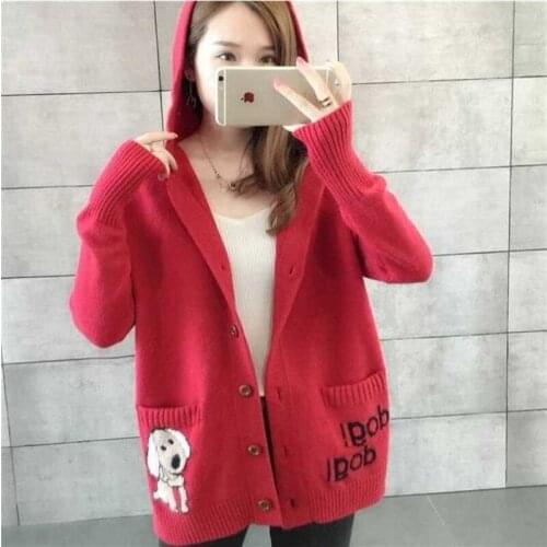 Korea Cartoon Vintage Knit Sweater Cardigan Hooded Fashion Women Clothes Autumn Pocket Jacket Streetwear Female Outwear 3XL