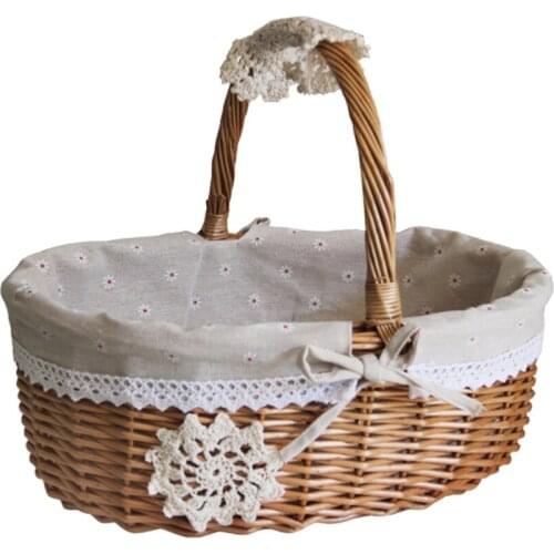 1Pc Wicker Basket Woven Storage Basket Linen Lace Storage Holder Picnic Basket Container Wicker Food Tray Decorative Wedding Bas