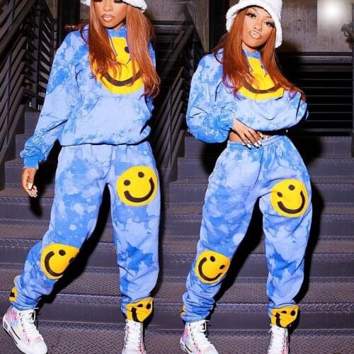 TNNAOFF Fall Winter Two Piece Tracksuits Women Set Smiley Long Sleeve Hoodies Tops Sexy Sweatpants Loung Wear Matching Sets