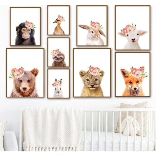 Rabbit Bear Lemur Fox Lion Duck Monkey Flower Wall Art Canvas Painting Nordic Posters And Prints Wall Pictures Kids Room Decor