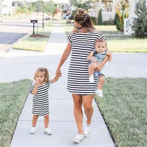 Summer Family Look Children Clothing Matching Mother And Daughter Clothes Striped Dresses Short Sleeve Kids Outfits Casual Dress