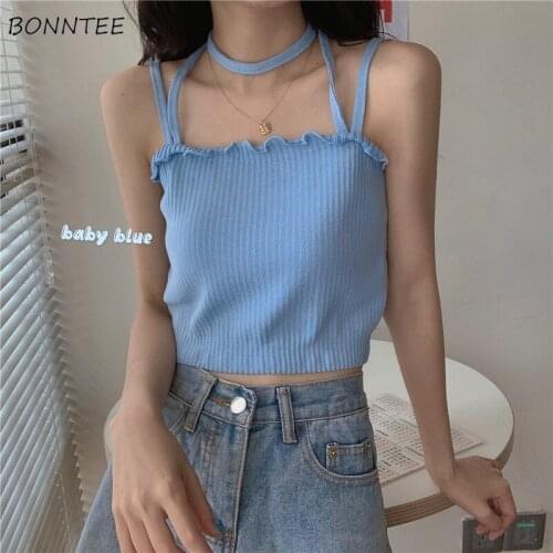 Camis Women Knitted Halter Sweet Korean Style Harajuku Girls Elasticity Hot Sale Slim Vacation Streewtwear Students Female New