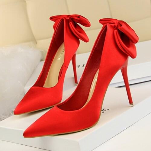 Korean-Style Fashion Sweet High Heels Shoes Fine with High Heels Delicate Satin Bow Shoes