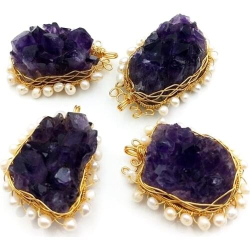 Natural raw amethysts druzy paved with pearl pendant gold color plated Wire Wrapped beads pendant for necklace DIY jewelry
