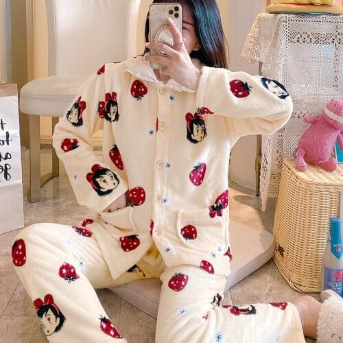2020 New Autumn and Winter Pajamas Womens Long-sleeved Hedging Flannel Doll Collar Loose Sweet Cardigan Home Service Suit
