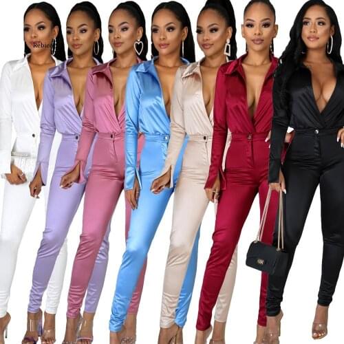 Charming Women Satin Outfits New Arrivals Deep V Neck Bodysuit Shirt + High Waist Pants Two Pieces Party Clubwear Sets