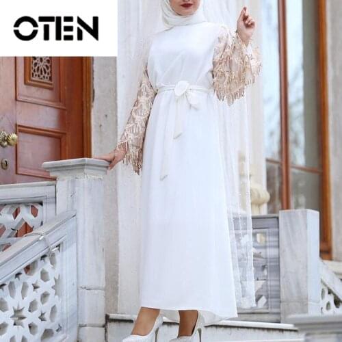 OTEN 2020 Women Abaya Long sleeve O Neck High Waist pakaian muslim Tassel Patchwork Ankle Length Elegant Ladies casual dresses