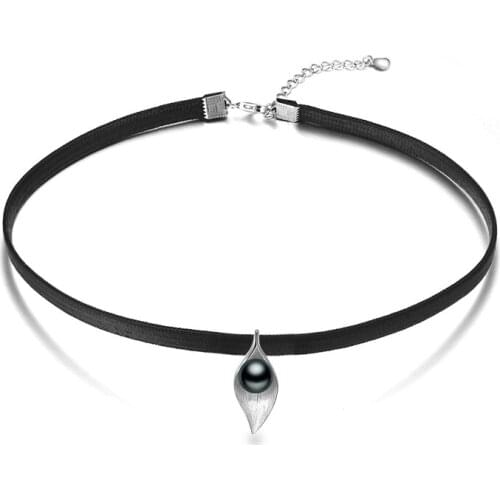 FENASY leaf Pearl Choker Necklace Fashion Women 925 Sterling Silver Leaves Freshwater Pearl Pendant Punk Style Black Rope Chain