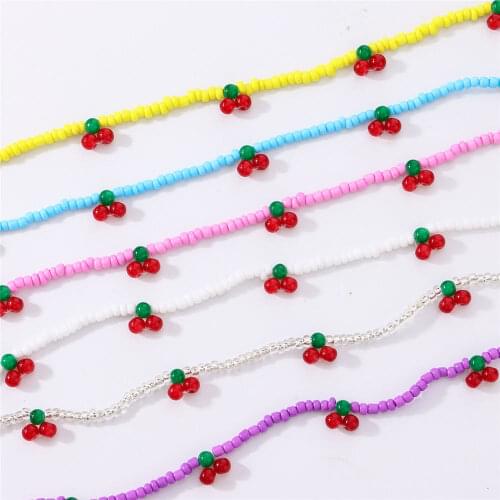 Boho Rainbow Beads Cherry Choker Necklaces For Women Girl Korean Cute Fruit Weave Beaded Pendant Necklace Chic Summer Jewelry