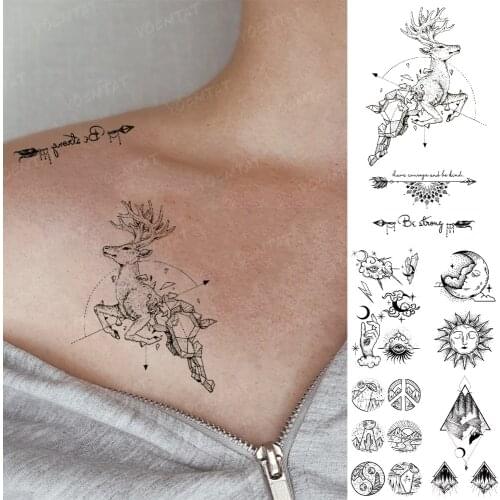 Waterproof Temporary Tattoo Sticker Linear Geometric Deer Shoulder Lettering Black Glitter Tattoo Arm Hand Fake Tattoo Man Woman