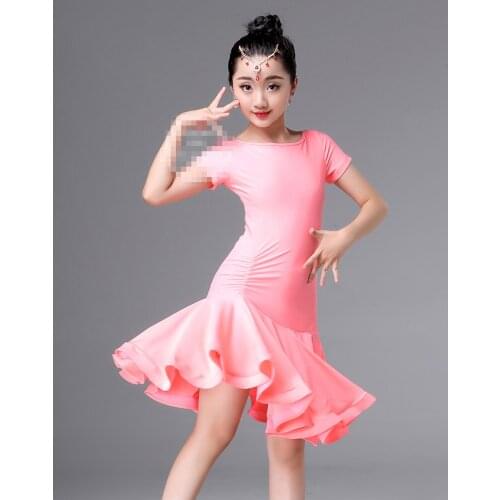 Girls Pink and black Latin dancing dress Kids Ballroom Salsa Dance wear Outfits Childrens Party Stage wear costumes Short sleev