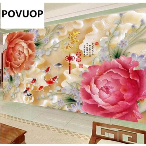 POVUOP diamond embroidery 100X40cm full diamond embroidery Flower peony nine fish painting round diamond cross stitch
