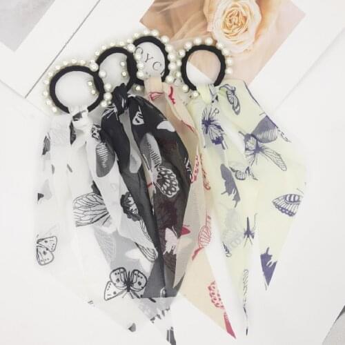 Trendy Pearl Butterfly Letter Bow Long Ribbon Ponytail Scarf Hair Tie Scrunchie Women Girls Elastic Hair Bands Hair Accessories