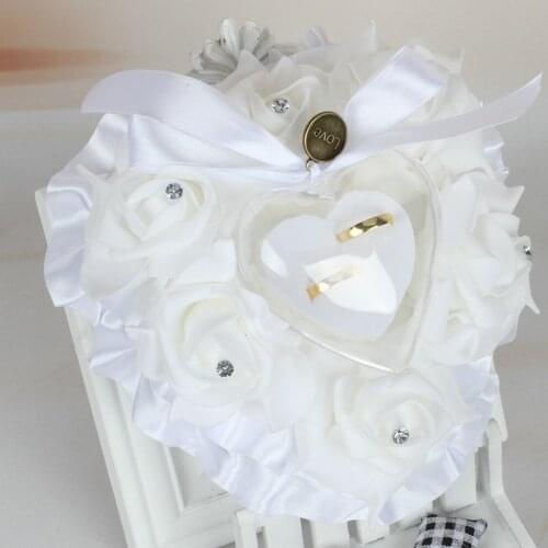 Romantic Heart Shape Wedding Ring Pillow Cushion with Rose Flowers Ribbons Rhinetone Ring Box for Bridal Ceremony Party Favors