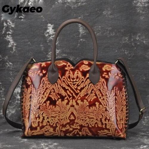 Retro Genuine Leather Luxury Handbags Vintage Tote Bag 2020 New Women Printing Flower Cowhide Shoulder Crossbody Bags Sac A Main