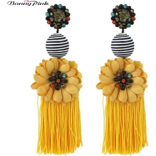 Banny Pink Chunky Sunflower Dangle Earrings Ethnic Lined Ball Nylon Tassel Earrings For Women Cloth Statement Pendant Earrings