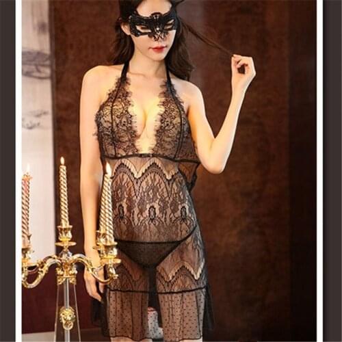 Candiway Sexy mini dress fancy sm mask halter Backless Buttock Fashion Fishnet bow tie g-strings Erotic transparent lingeries