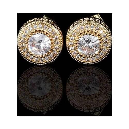 1Pair Zircon Micro Hip Hop Full Paved Rhinestone CZ Stone Iced Out Stud Round Earring Copper Earrings For Men Women Jewelry