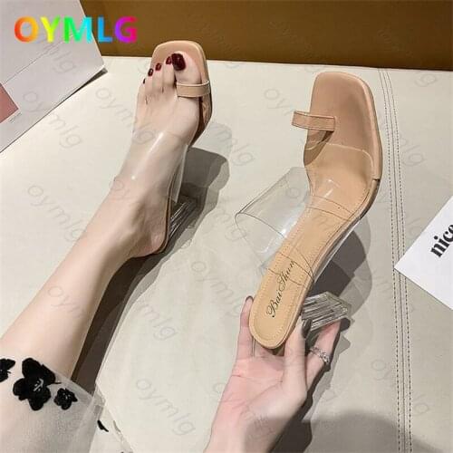 Slippers womens summer wear 2021 new high-heeled thick-heeled square toe transparent slip-on sandals plus size womens shoes