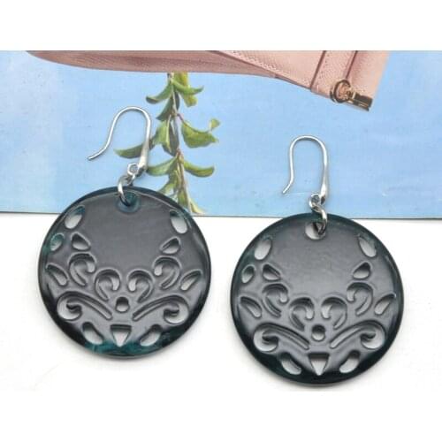 Vintage Navy Color Hollow Round Acrylic Fish Hook Earrings For Women Laser Carved Ear Jewelry
