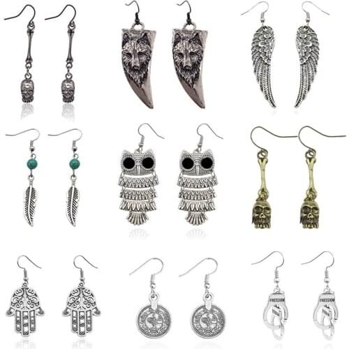 Gothic Punk Skull Ear Jewelry For Men Vintage Angel Wings Earring Owl Wolf Handcuffs Animal Earings Men Ear Jewelry