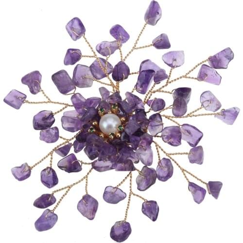 Yacq Womens Amethyst Freshwater Pearl Cubic Zirconia CZ Pin Brooch Pendant 2 in 1 Handmade Jewelry Flexible Copper Wire Gifts