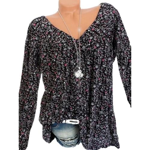 Autumn Plus Size Floral Print V Neck Long Sleeve Women Loose T-Shirt Top