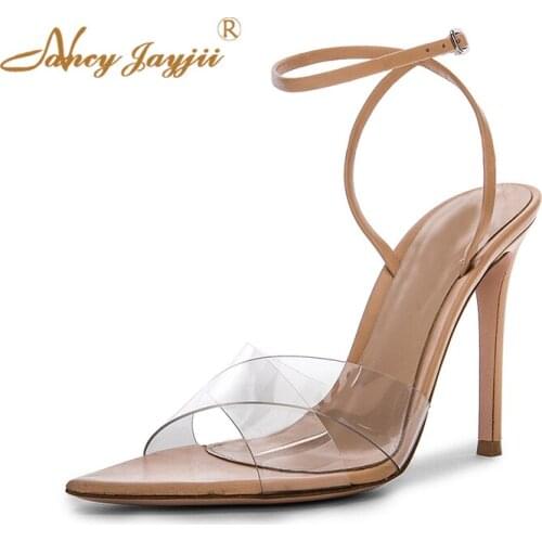 2019 New Fashion PVC Ankle Strap Thin Heels Woman Sandals High Stilettos Open Pointy Toe Large Size For Ladies Clear Shoes Party