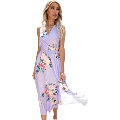 Women Dresses Summer 2021 Fashion V-Neck Printing Sleeveless Dress Side Split Dress Casual Beach Dress Vestidos Sundress Robe