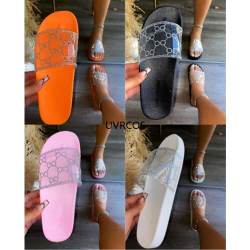 Woman Slippers 2021 New Summer Shoes Round Head Flat-bottom Ling Rhinestone Slippers Beach Plus Size Crystal Flip Flops Slides