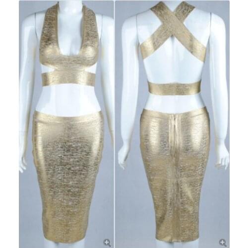 New Ladies Womens Sleeveless Sexy Cross Back 2 Piece Set Bandage Gold Foil Bodycon Dress Summer