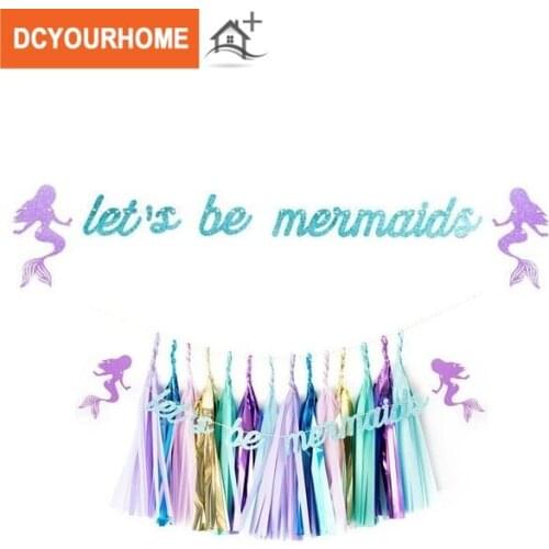 1set Glitter Blue "Lets Be Mermaid" Garland Banner Baby Shower Birthday Romantic Decoration Party Supplies