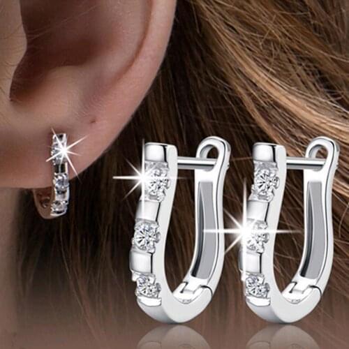 1 Pair Fashion Womens Silver Plated Harp White Gemstones Hoop Earrings Studs