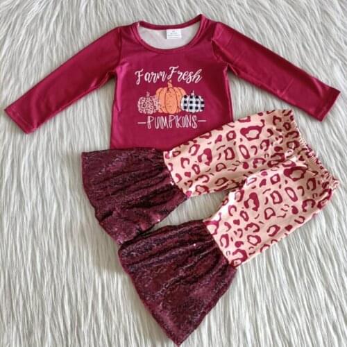 2020 New arrival hot sale fall pumpkin pattern kids clothing long sleeve sequin pant kids girls clothing sets