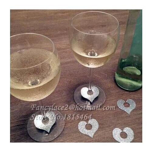 50pcs Glitter Heart Glass Ring Wine Drink Marker Name Tags Charms Wedding Party Bachelorette Bridal shower place table cards