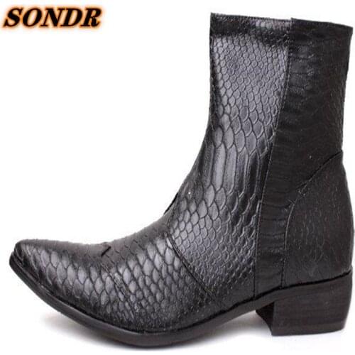 Fashion Men Ankle Boots Genuine Leather Zip Suit Dress Shoes Pointed Toe Boots Autumn Snake Skin Shoes Botas Militares Hombre
