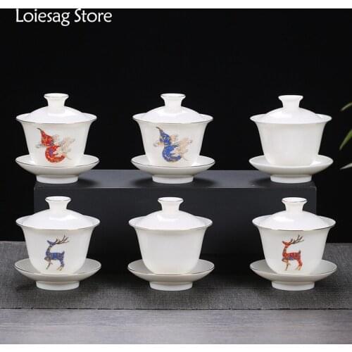 Loiesag 160ml Sheep Fat Jade Tea Bowl Sancai Covered Bowl Kung Fu Tea Set Hand-painted Ceramic Tracing Gold Gaiwan Tea Cup Dish