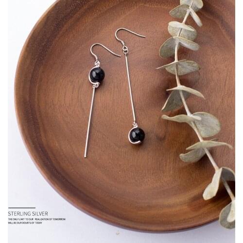 Colusiwei Real 925 Sterling Silver Simple Black Enamel Ball Long Drop Earrings for Women Korea Style Sterling Silver Jewelry