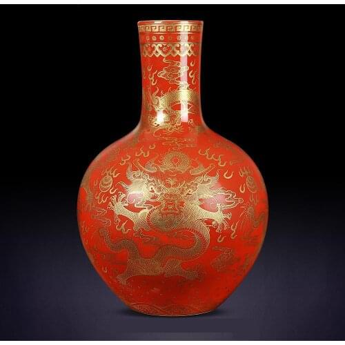 Jingdezhen Ornament Qianlong Gold Dragon Pattern Celestial Flower Vase Chinese Living Room Decoration porcelain ceramic vase