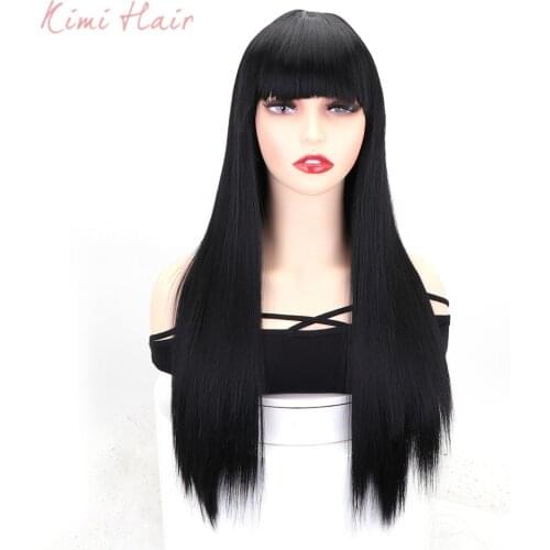 Kimi Hair Long Black Straight Synthetic Wigs with Bangs for Women High Temperature Hair