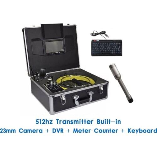 Drain Pipe Inspection Endoscope 23mm Camera 512hz Transmitter Built-in DVR Meter Counter Keyboard 7" Monitor 20/30/50M Cable
