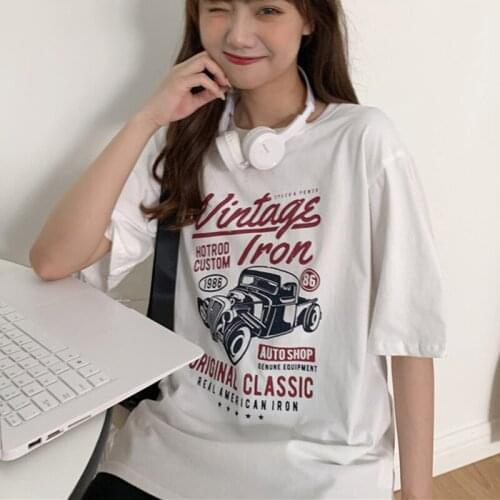 Zoki White Women T Shirt Loose Print Letter Car Casual O Neck Tops Short Sleeve Female Tees Street Wear Summer Fashion New 2021