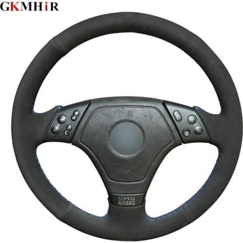 GKMHiR DIY Black Hand-stitched Blue Marker Black Suede Leather Car Steering Wheel Cover for BMW E36 E46 E39
